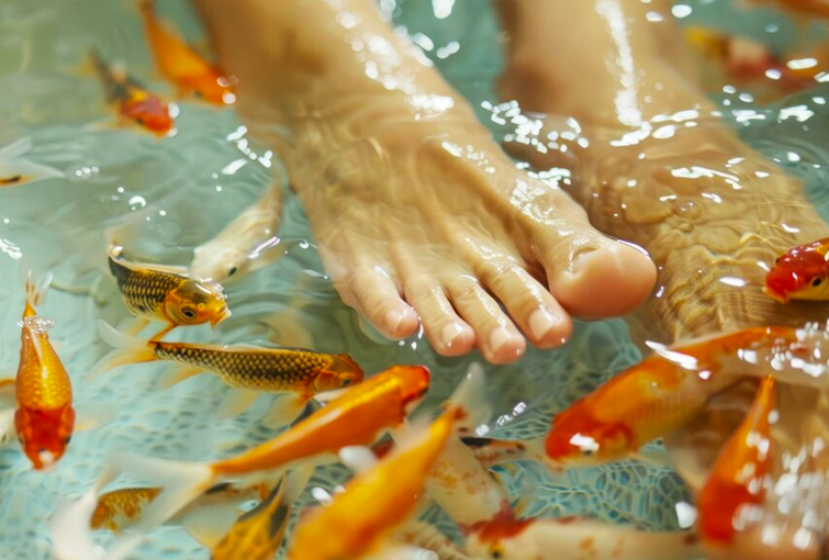 Fish Spa, A person's feet submerged in a pool, surrounded by goldfish, at Flames Beauty Care & Bridal Studio's Fish Spa.