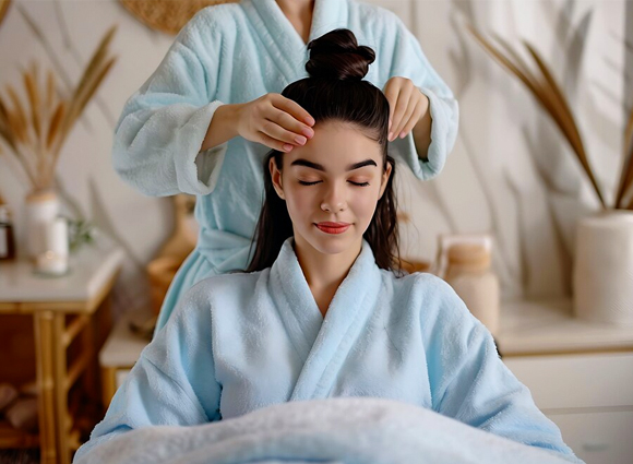 international-salon-and-spa, A woman receiving a hair treatment, surrounded by a serene spa environment